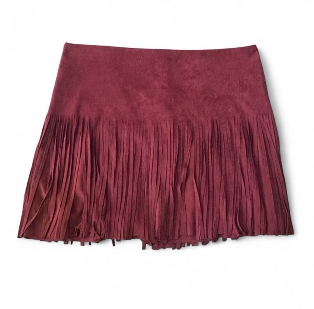 Jolt Burgundy Faux Suede Fringe Skirt